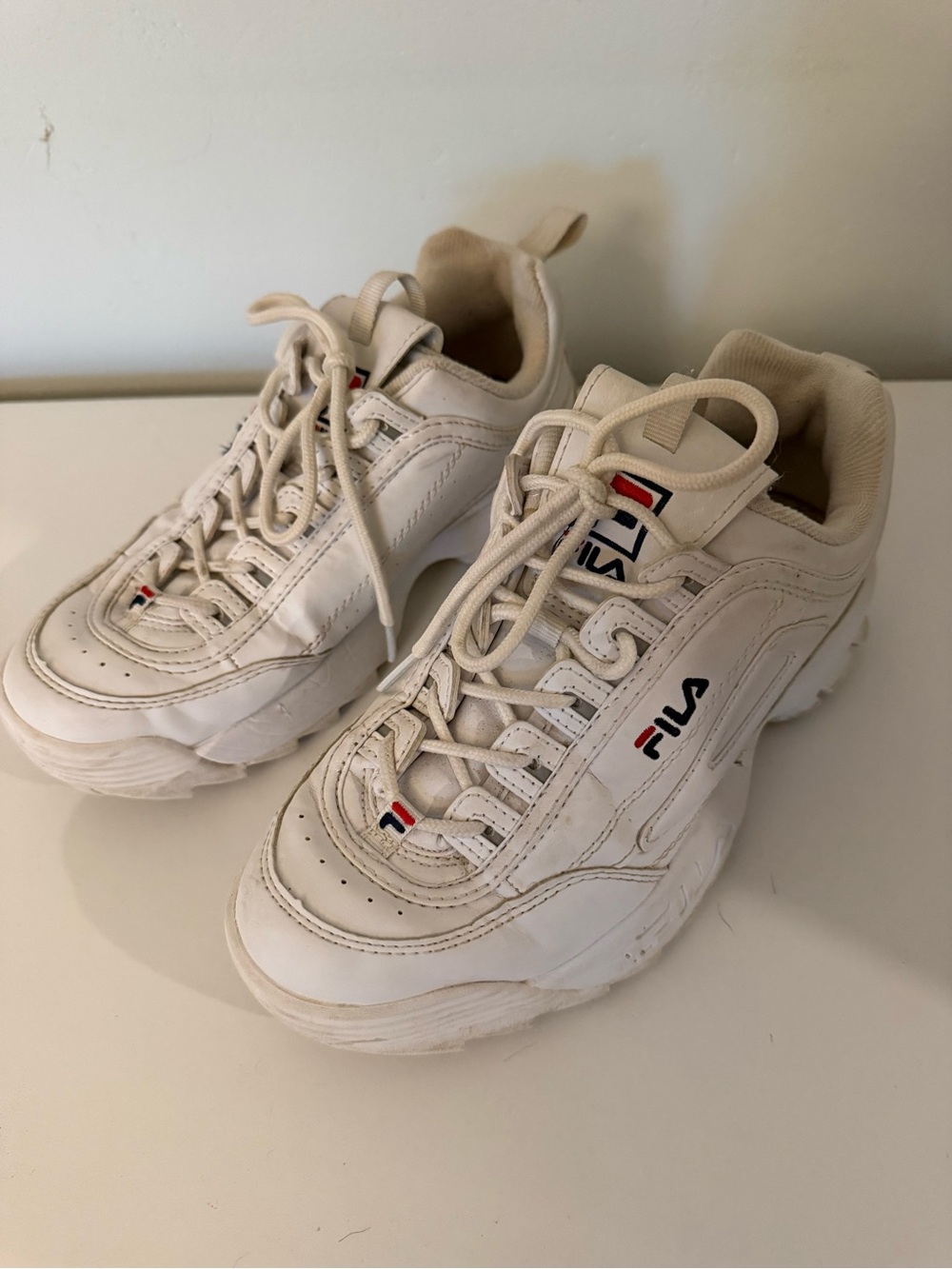 FILA Disruptor size 6Off-White Chunky Lace-Up Sneakers with Red & Navy Logo